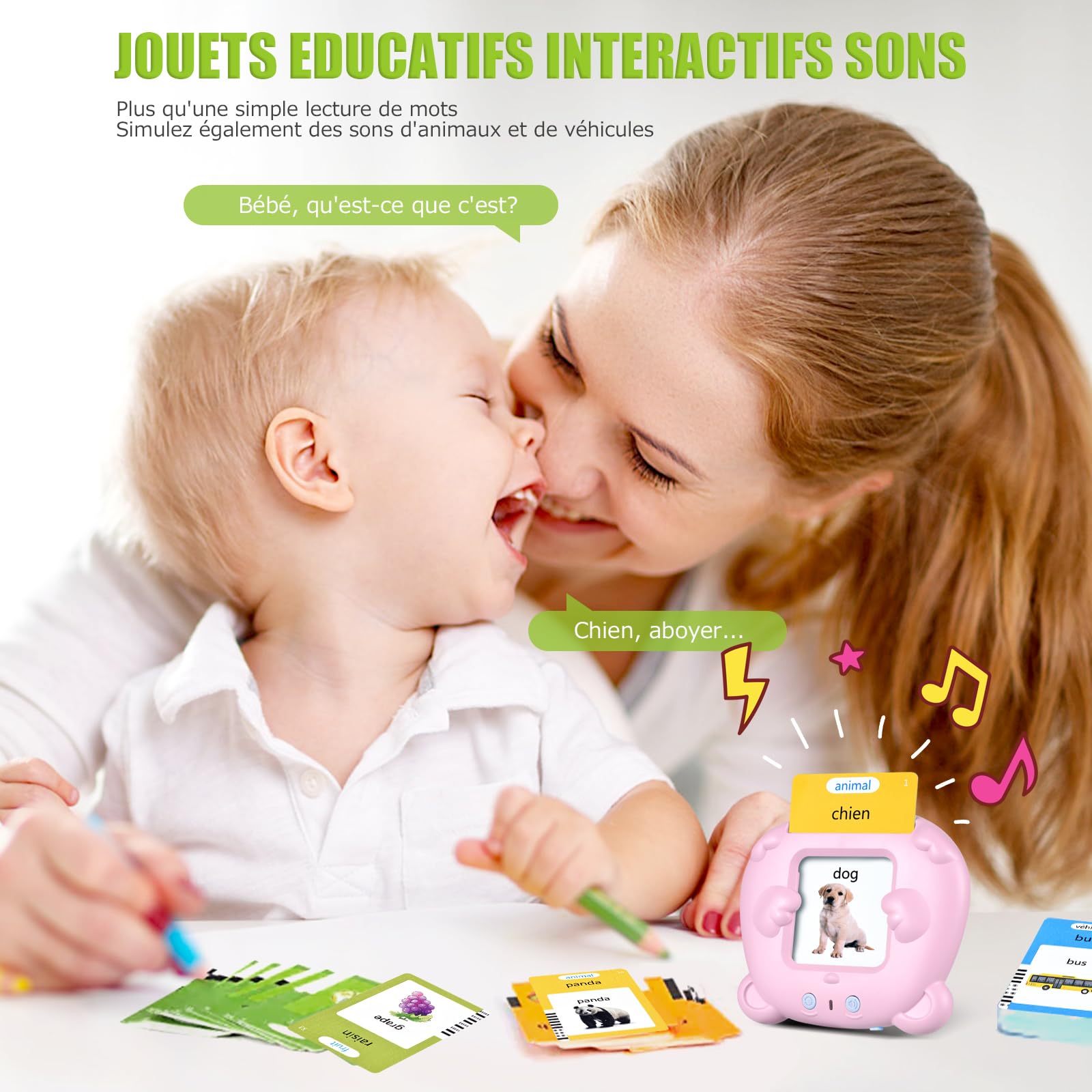 Mówiące karty flash Montessori edukacyjne dla dzieci w wieku 3 lat Rozmowa Flash Cards 112 arkuszy 224 słowa, zabawki edukacyjne do nauki mówienia, francuski/angielski/dwujęzyczny (różowy)