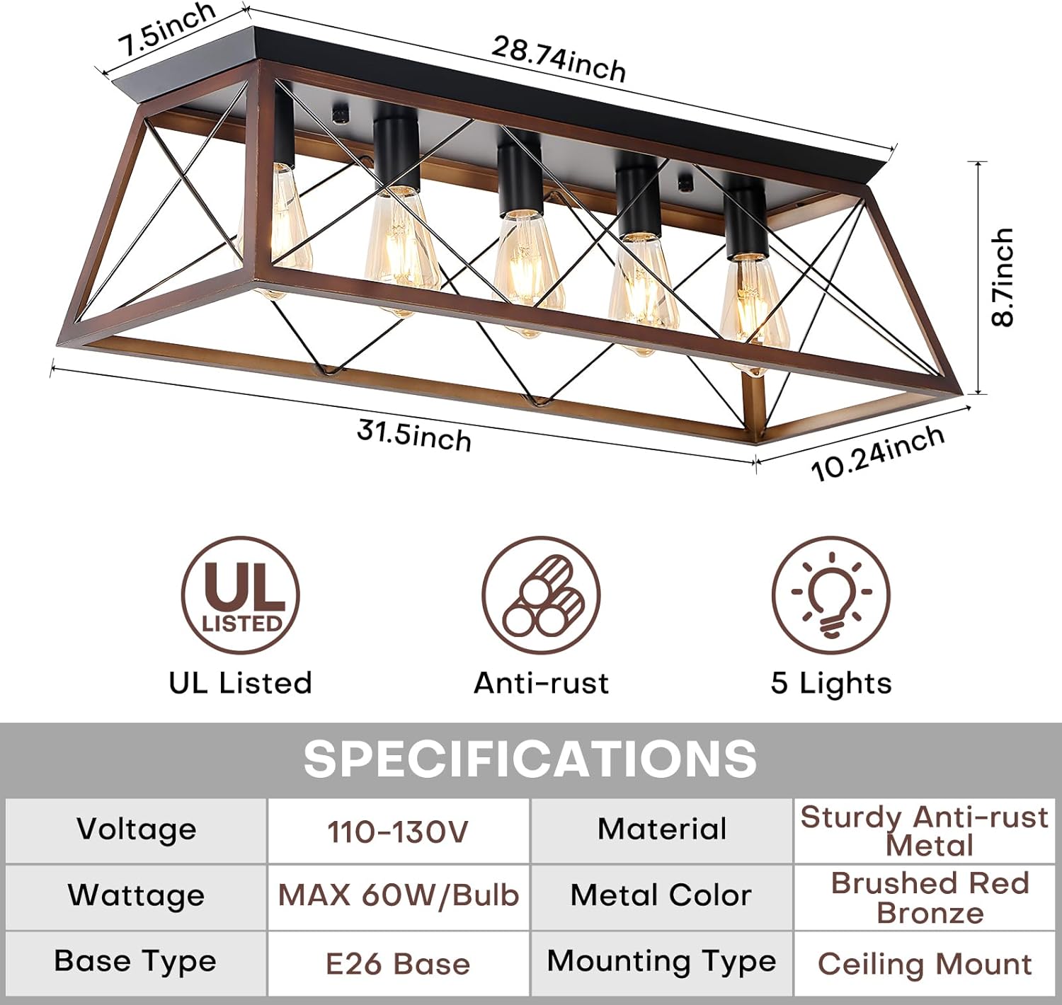 31.5" Flush Mount Ceiling Light, 5-Light Industrial Vintage Chandelier with Matte Black & Brushed Bronze Finish, Large Close to Ceiling Lighting for Dining Room, Kitchen Island, Living Room, Hallway