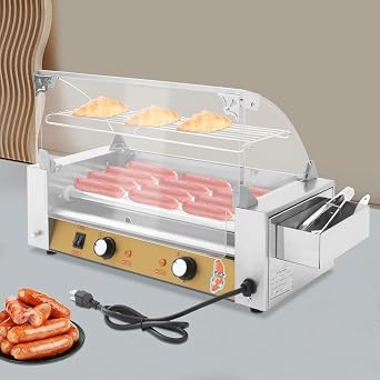 Hot Dog Roller Machine, 750W Electric Hotdog Roller Grill, 5 Stainless Rollers Hot Dog Cooker, Commercial Hotdog Machine with Bun Warmer & Acrylic Hood Cover