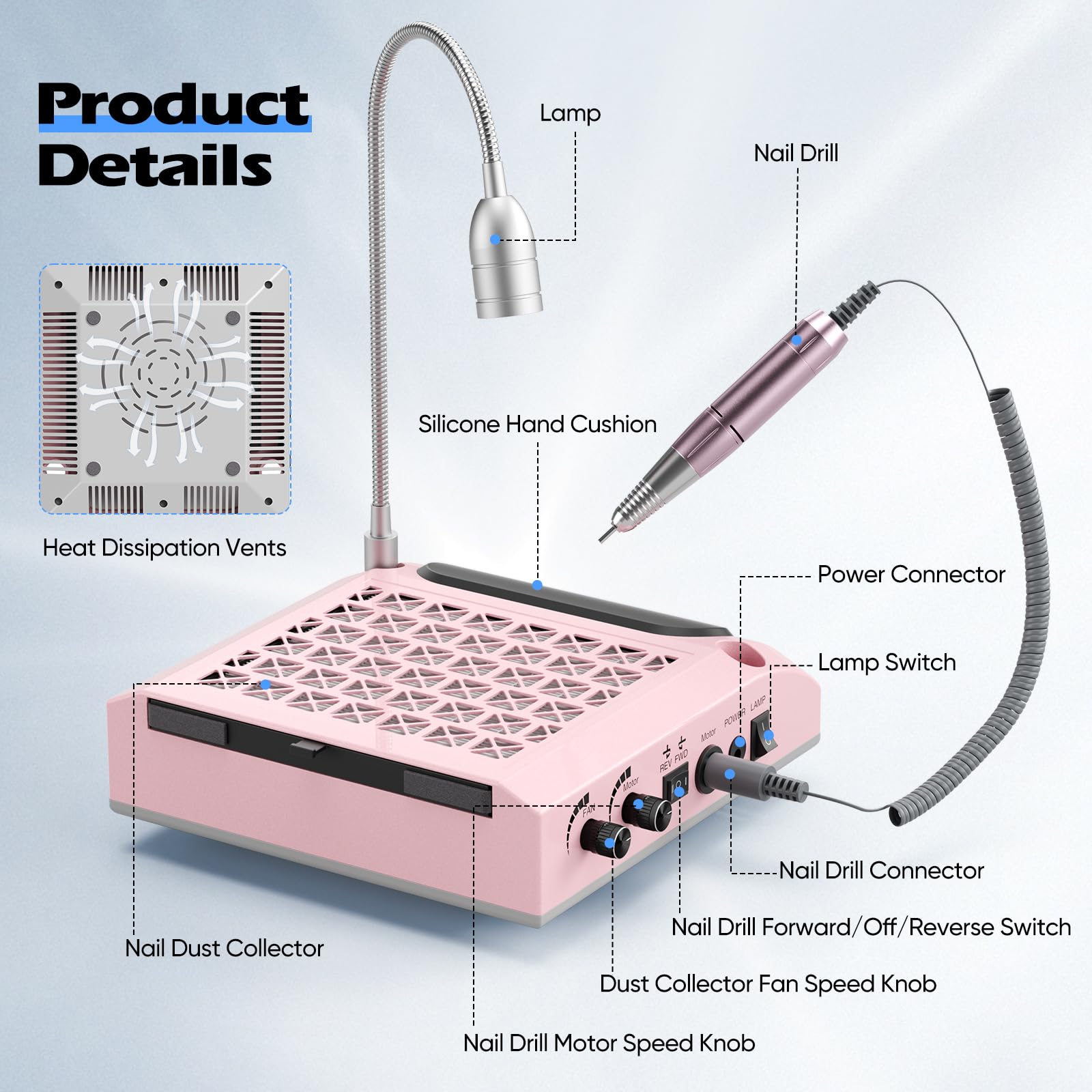 Taladro de uñas eléctrico 4 en 1 con extractor de 80 W y filtro lavable - Cortaúñas profesional de 30 000 RPM con luz LED de 5 W, 3 limas de media luna de doble cara para manicura
