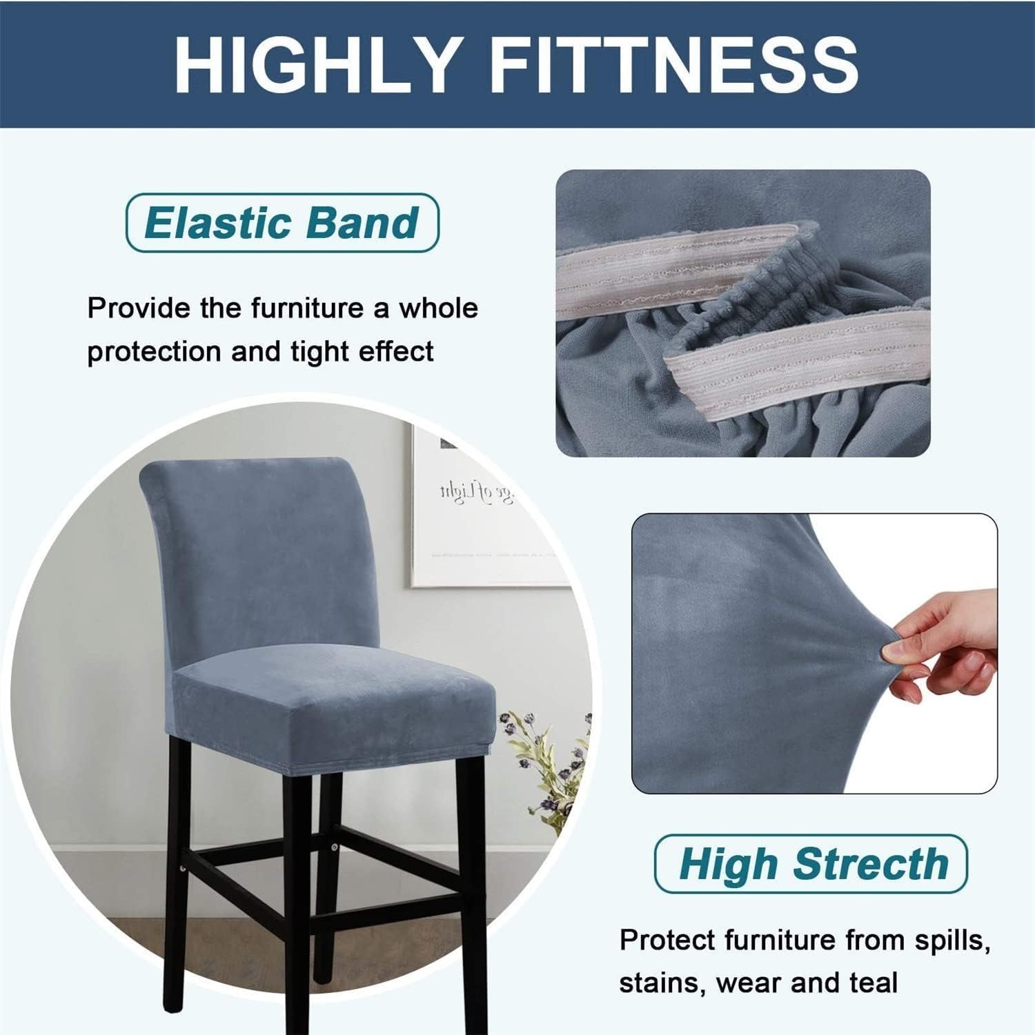 Stretch Bar Stool Chair Cover 2 Pack Easy Fitted Removable Washable for Dining Room Hotel Bar Banquet Wedding Party (E 4PCS)