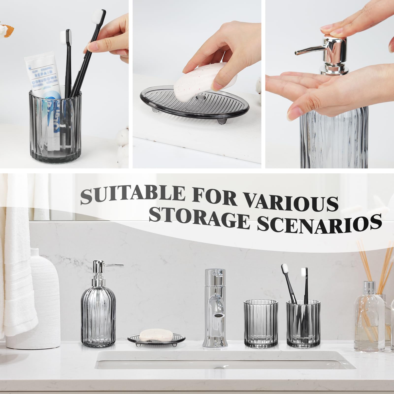 Ensemble d'accessoires de salle de bain en verre transparent 4 pièces comprenant un distributeur de savon, un porte-brosse à dents, un gobelet pour bain de bouche, un porte-savon pour décoration de