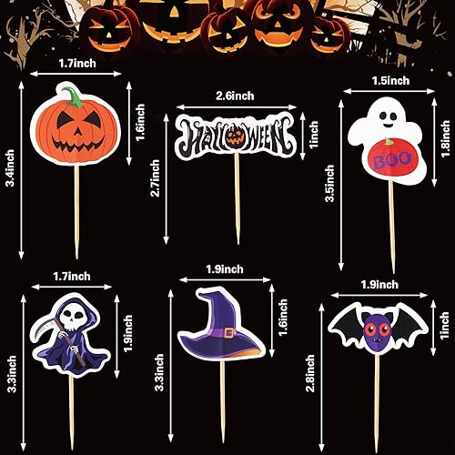 Miniatura 2 de SANNIX 72 piezas de decoración de cupcakes de Halloween, palillos de dientes de Halloween, palillos de dientes, calabaza, murciélago, fantasma,