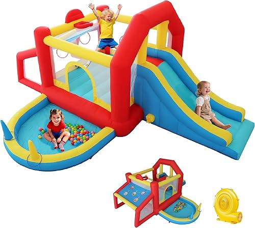 Castillo inflable de rebote 9 en 1 para niños con tobogán alto, trampolín, piscina de bolas, fútbol de habilidad, juego de sacos de arena, perfecto