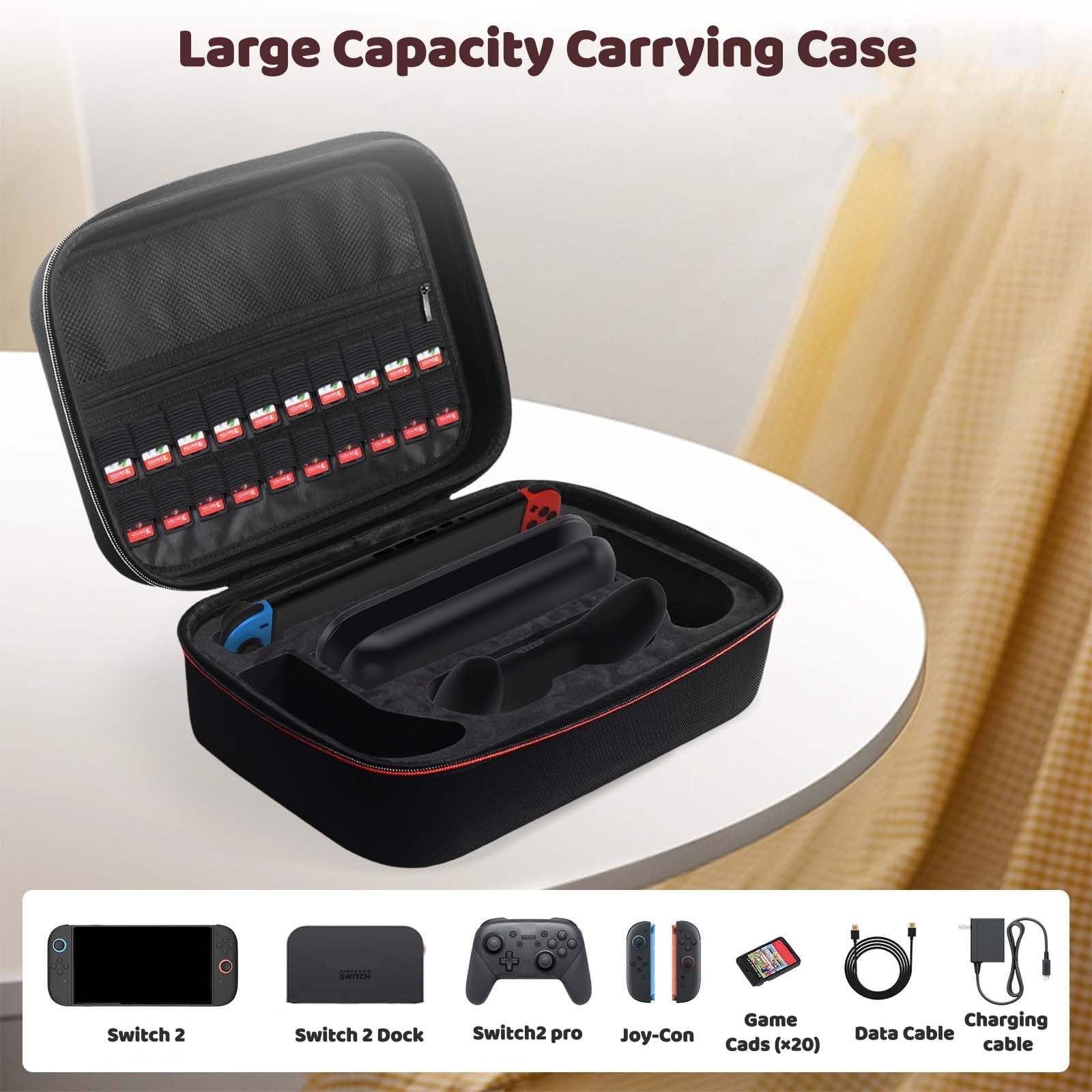 AriKroii Étui pour Nintendo Switch 2,Sacoche de Protection et Transport Big Carry Case Console pour Switch 2,Filets Rangement Accessoires , 20 Compartiments Jeux (Noir)