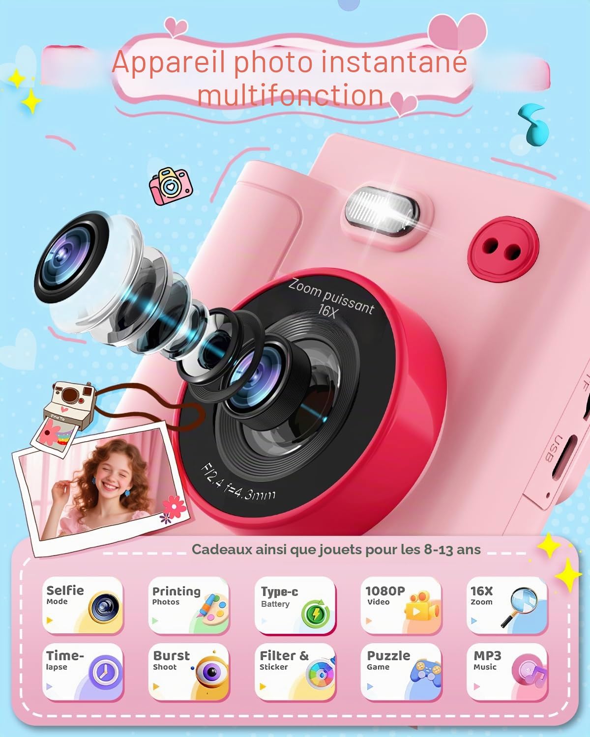 Appareil Photo Instantané Enfants, 1080P Appareil Photo Numérique Enfant & Caméra Vidéo avec Carte de 32GB & Papier d'impression, Noël & Anniversaire Cadeaux pour Garçons/Filles de 3-12 Ans