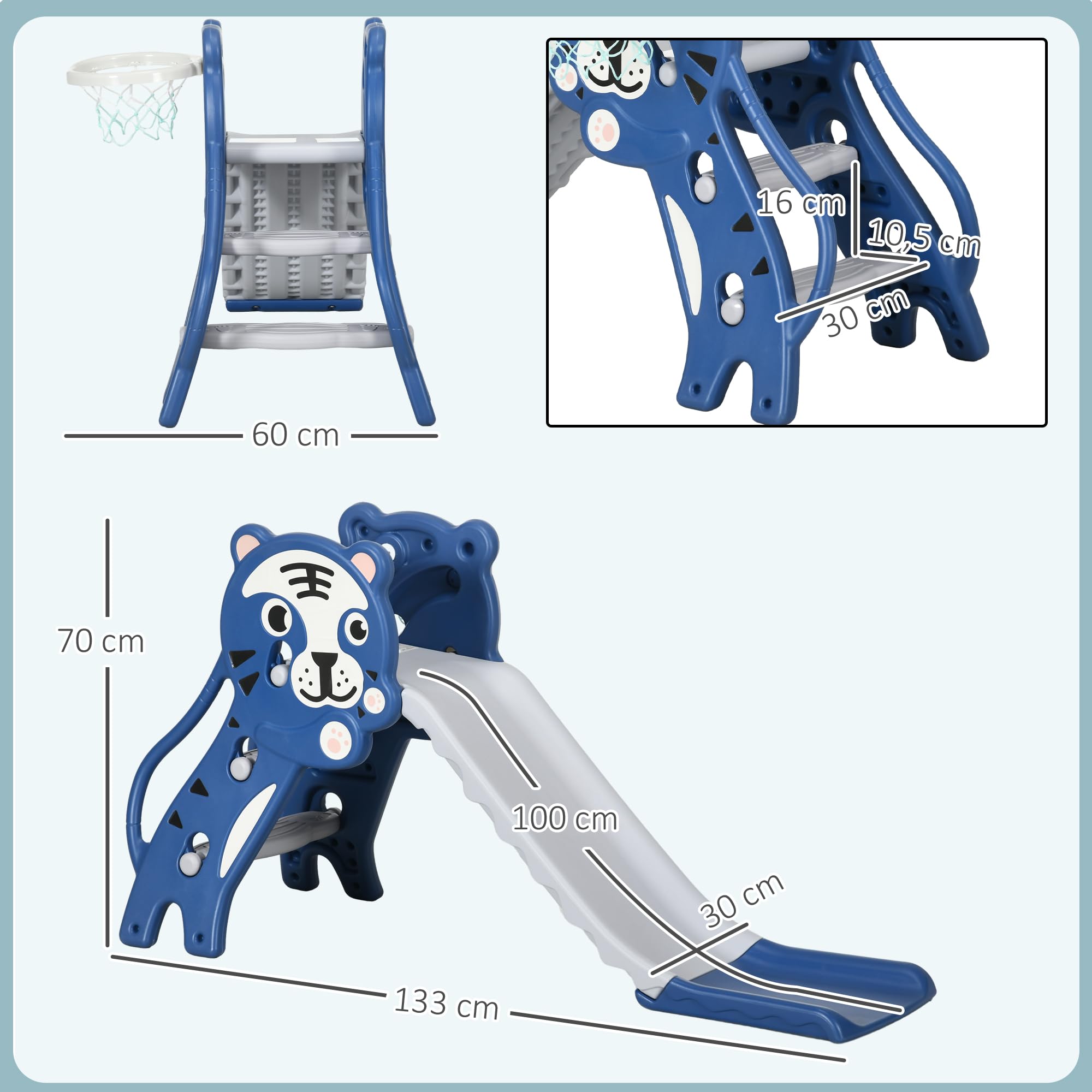 AIYAPLAY Toboggan pour Enfants, Toboggan intérieur pour Enfants, avec Un Panier de Basket, thème Tigre, de 18 à 36 Mois, jusqu'à 25 kg, 133L x 60l x 70H cm, Bleu