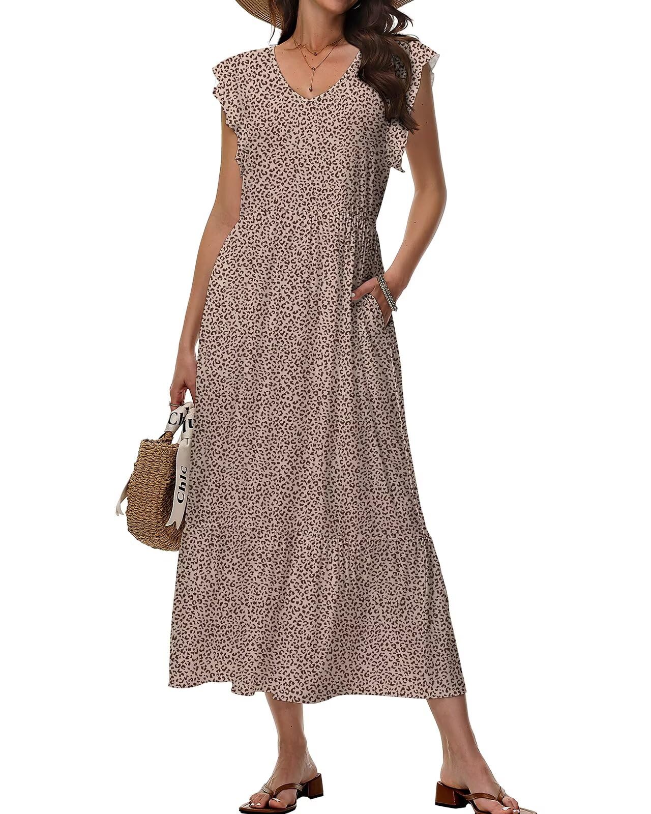 Tanmolo Maxikleid Damen Sommerkleid Lang Strandkleid Mit V-Ausschnitt Im Swing-Stil Mit Blumenmuster Mit Taschen