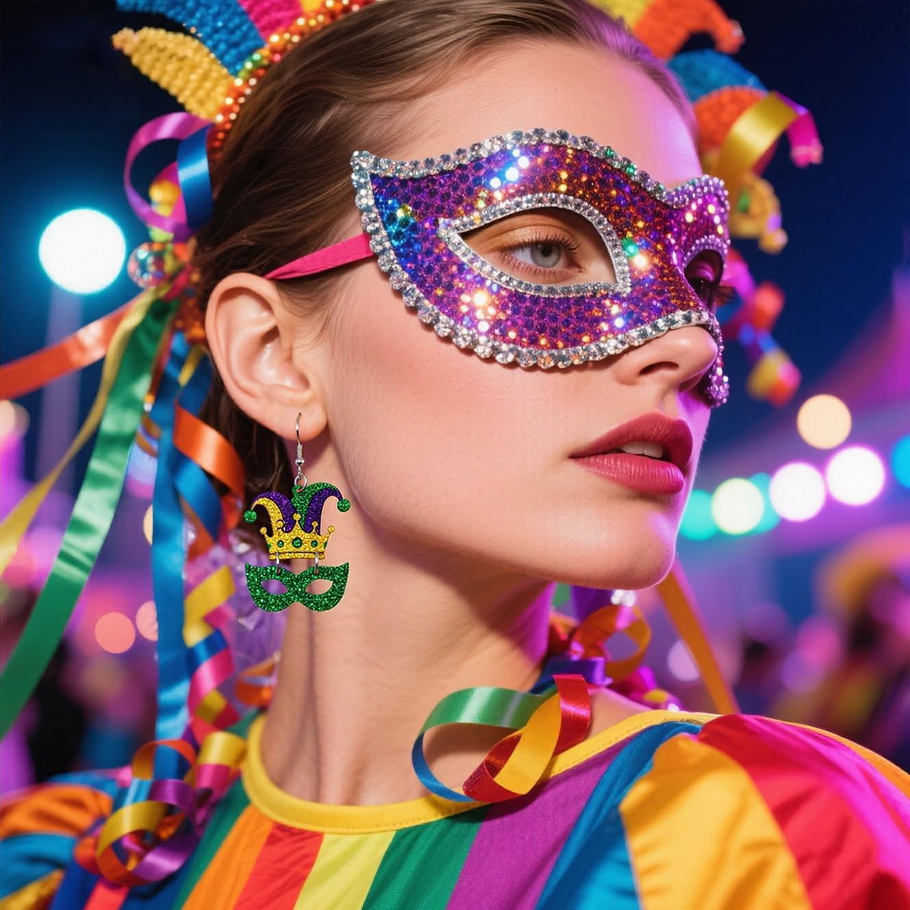 MardiGras Earrings for Women Acrylic Fleur De Lis Mask Crown Hat Dangle Earring Carnival Theme Party Colorful Tassel Earring MardiGras Jewelry Accessories - Image 3