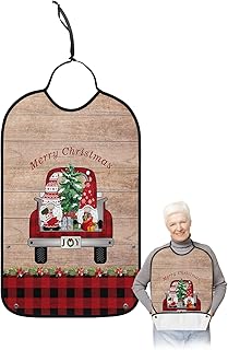 BOBOWUNY Christmas Truck Adult Bibs for Elder Women Men Eating, Xmas Tree Gnomes Retro Wood Waterproof & Washable Bibs for Eating Clothing Protector Dining Bibs for Crumb Catcher