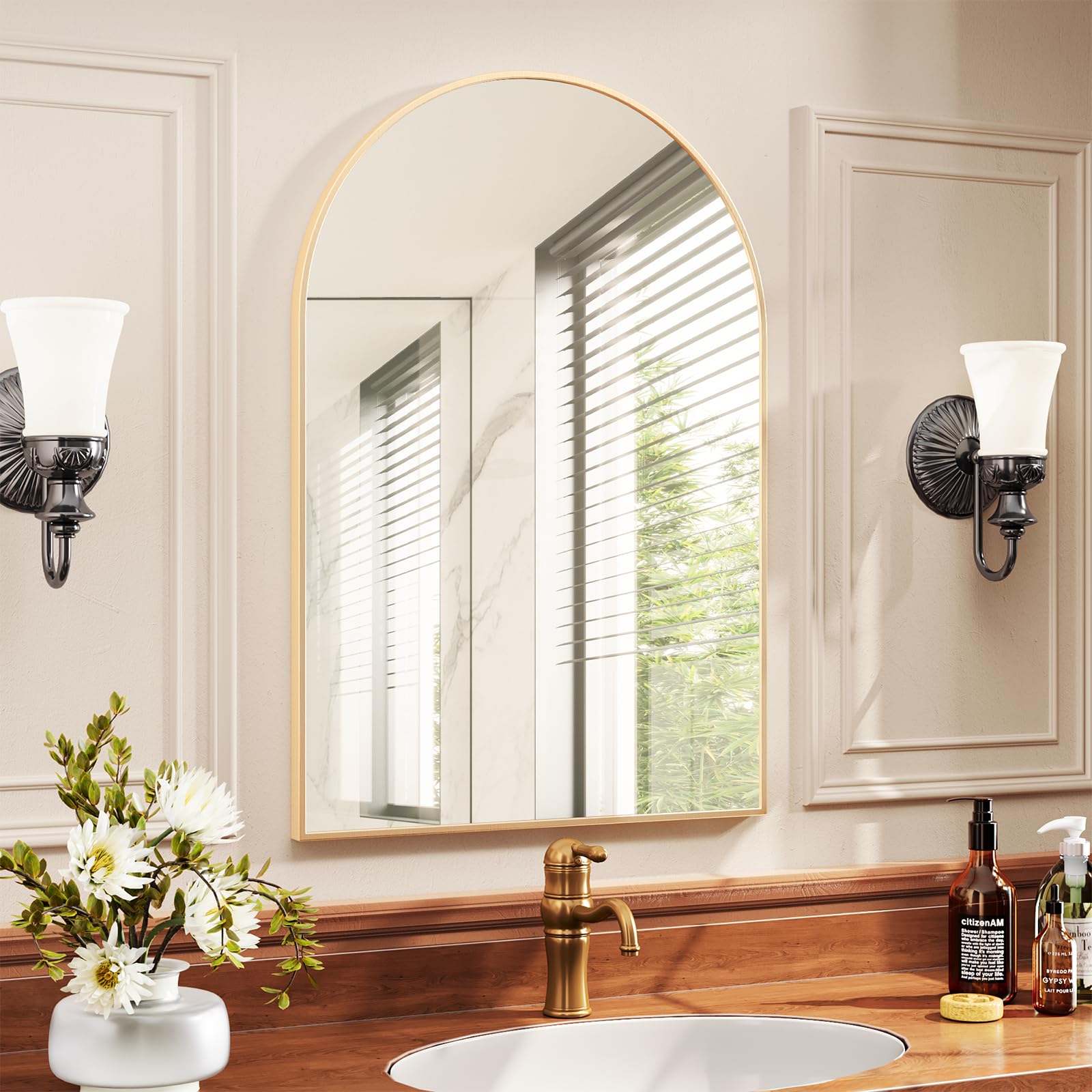 Clevich Specchio da parete ad arco con oro, 96x66 cm, Decorativo da parete ad arco semicircolare, Con cornice in alluminio spazzolato, per bagno, corridoio, soggiorno, camera da letto, Infrangibile