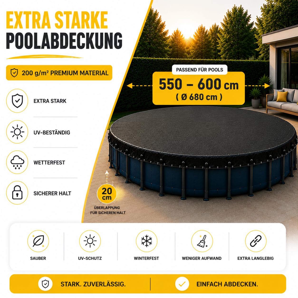 Telone rotondo per piscina in pellicola extra forte di alta qualità da 200 g/m², resistente ai raggi UV, per uso tutto l'anno in estate e in inverno, copertura per piscina nera durevole (550-600 cm