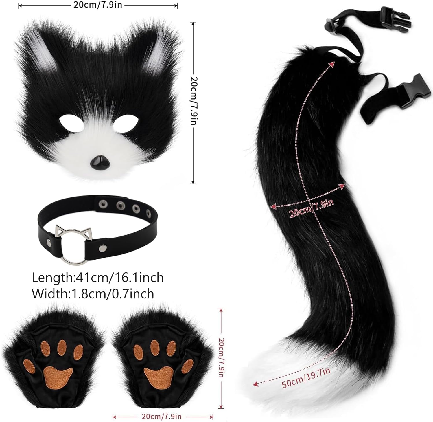 Faux Fur Fox Tail Wolf Cat Mask Paw Gloves Leather Necklace Set Halloween Christmas Party Cosplay Costume - Image 2