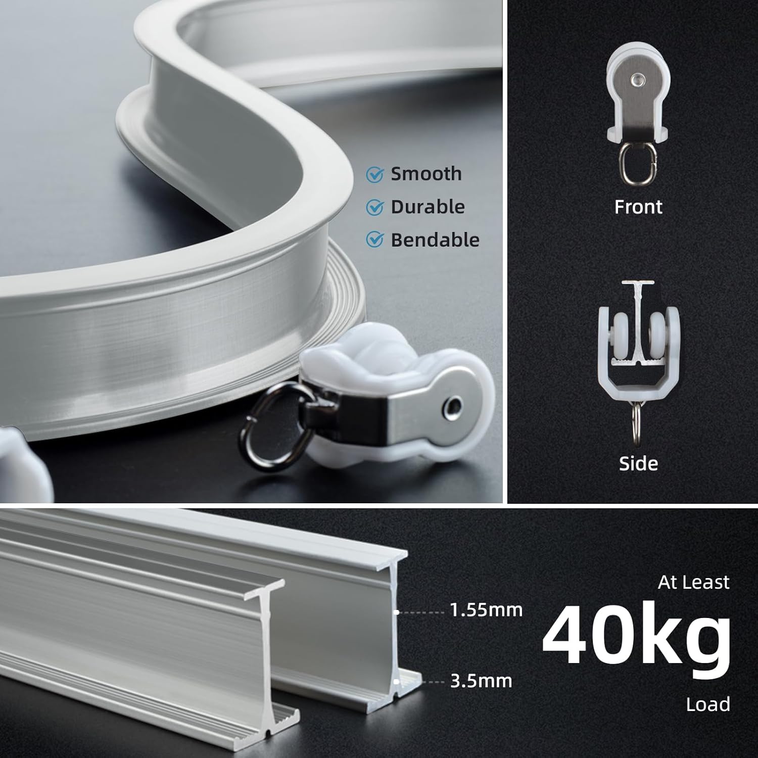 ZSTARR Heavy Duty Curved Track Aluminum Alloy Silence Curtain Track Wall Ceiling Mounted Curtains Rail Flexible Bendable L Shape U Shape Bay Shower Curtain Rods Custom Size