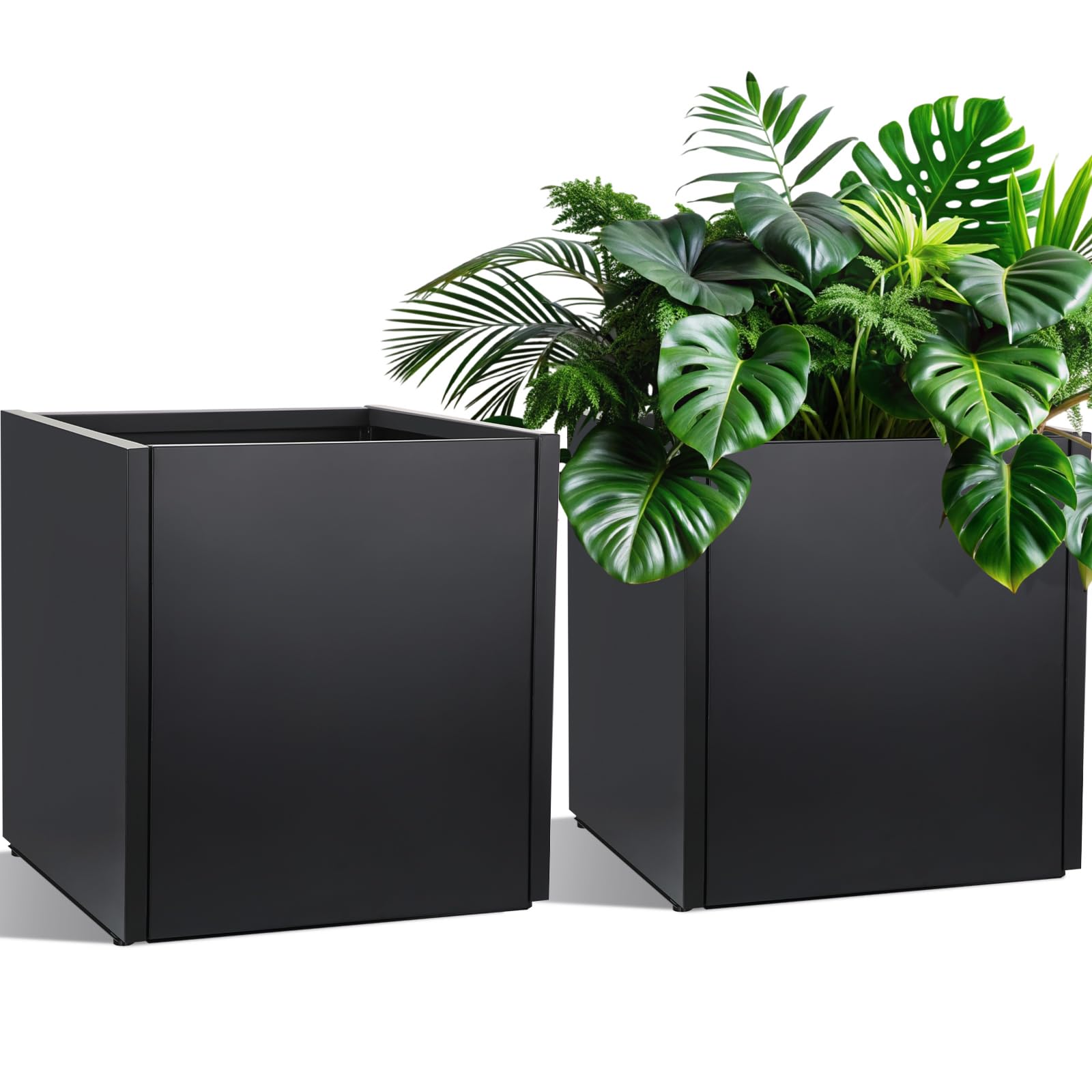 Photo 1 of RimCereal 2 Pcs Extra Large Black Square Planter Box Outdoor 17" L x 17" W x 18" H Heavy Galvanized Steel Planters with Drainage Holes Divider for Patio Porch Tall Plants