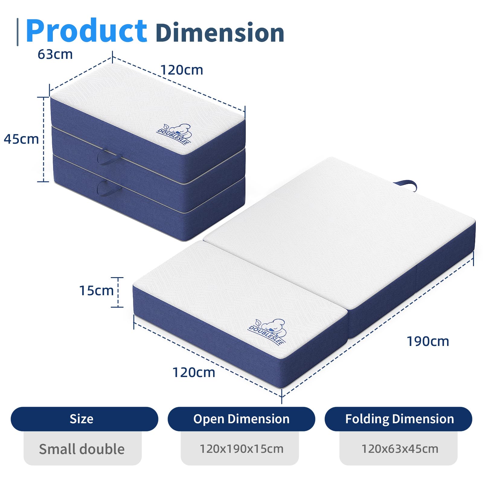Matelas pliable en mousse à mémoire de forme pour petit lit double, 1,2 m, 15,2 cm, rangement facile avec housse lavable pour voyage, camping, caravanes, lit d'appoint (120 x 190 x 15 cm)