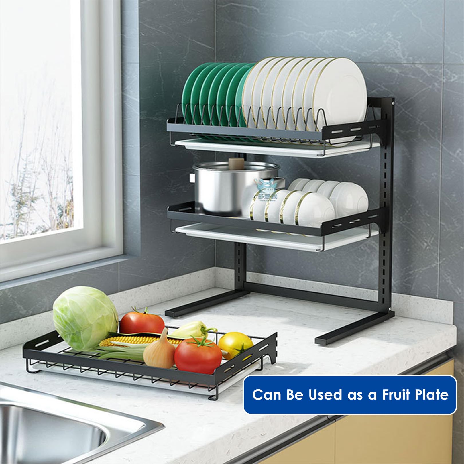 Support Mural Suspendu pour Cuisine, égouttoir à Vaisselle, étagère de Rangement pour Assiettes à 2/3 Niveaux avec bac de Drainage, Porte-Couteaux et Cage à Couverts (3 Niveaux)