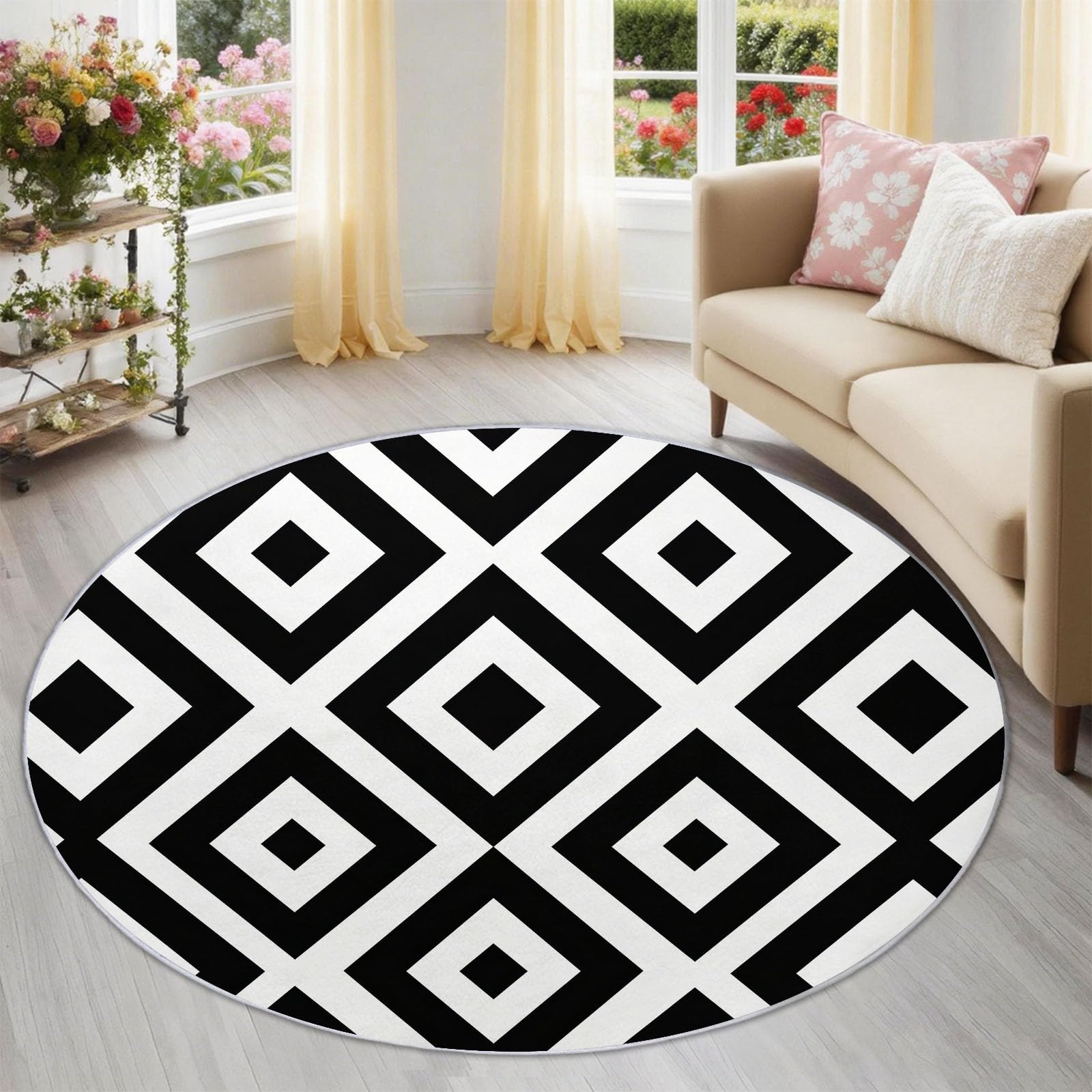 Tapis lavable en machine rond 120 cm géométrique antidérapant