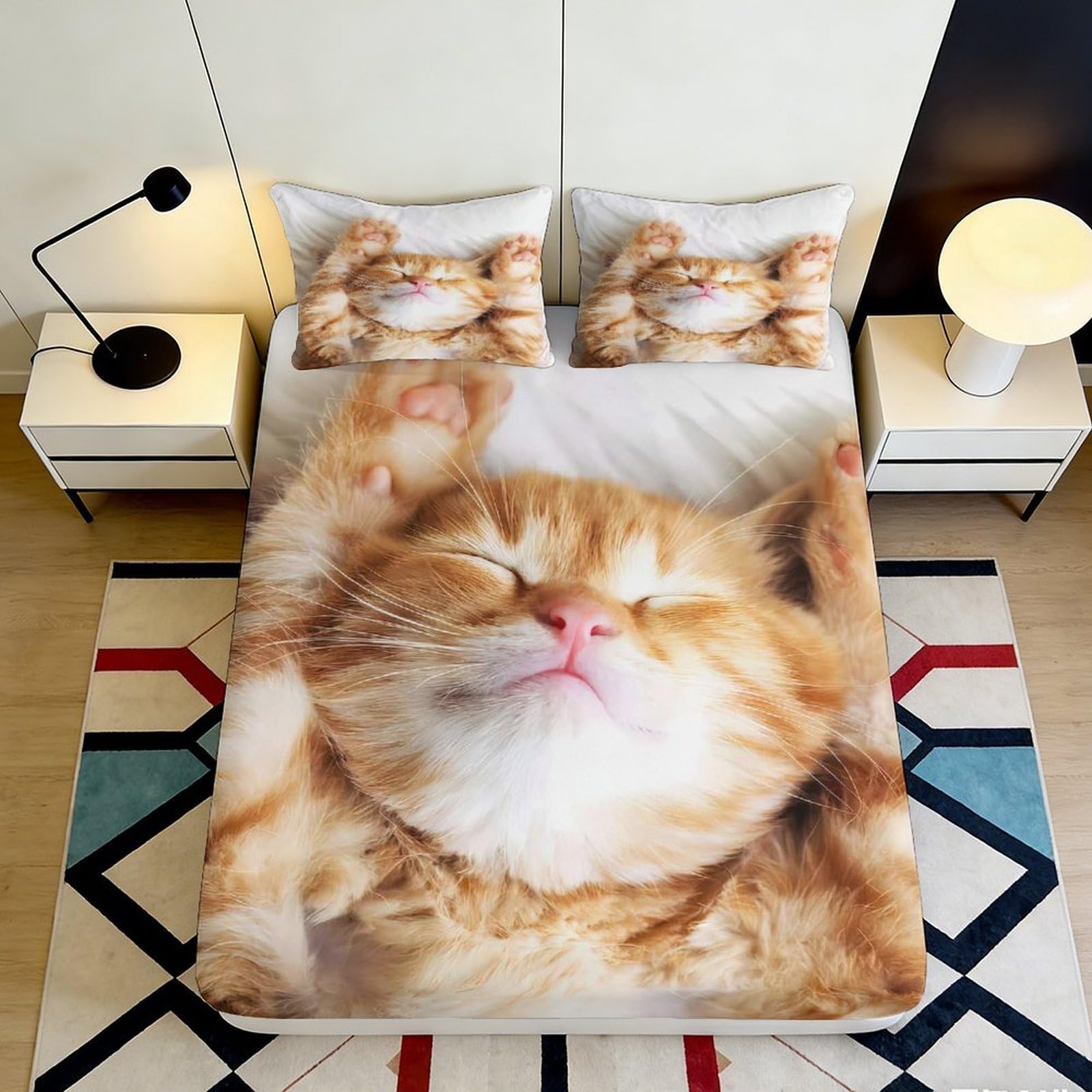 3D Printed Ginger Cat Fitted Sheet Microfiber Soft Breathable Kitten Bed Cover for Bedroom Guest Room Decor Mattress Protection 90x200x25cm