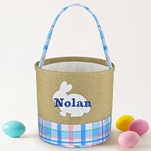Easter Basket for Kids, VAPCUFF Easter Bunny Basket, Personalized Easter Baskets, Easter Basket with Name - Burlap Basket Blue Grid