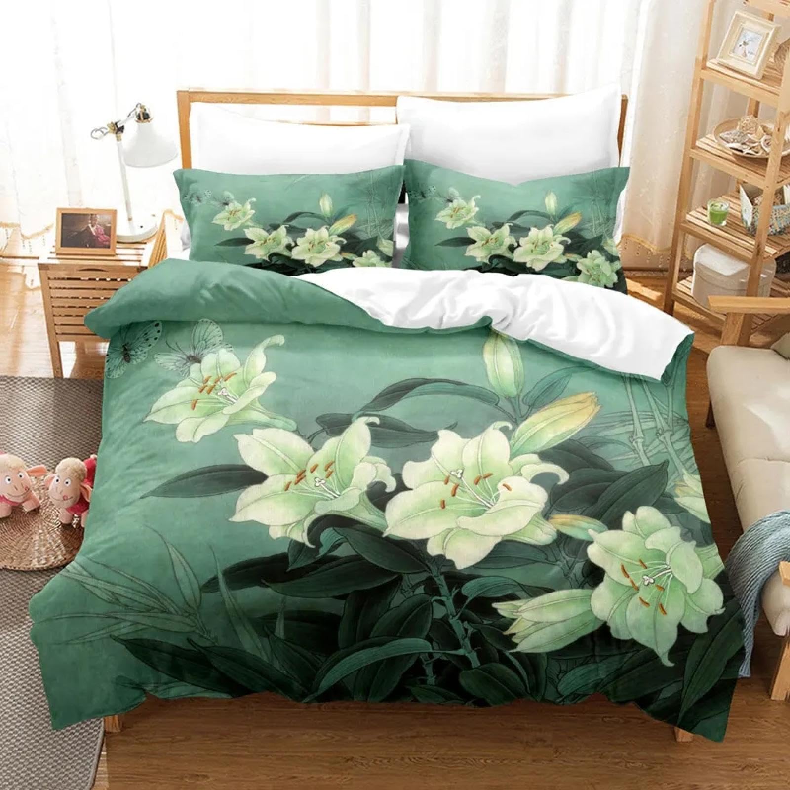 Parure de lit fleurs vertes ensemble housse de couette 220x240 et taies d'oreiller imprimé végétal
