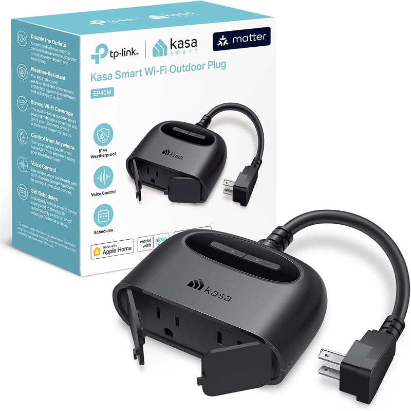 Kasa Matter Smart Outdoor Plug, Dual Outlet, EP40M, No Hub Required | IP64 Weather Resistance, Works with Apple HomeKit, Amazon Alexa, Google Home, SmartThings, ETL Certified, 2.4GHz Wi-Fi Only