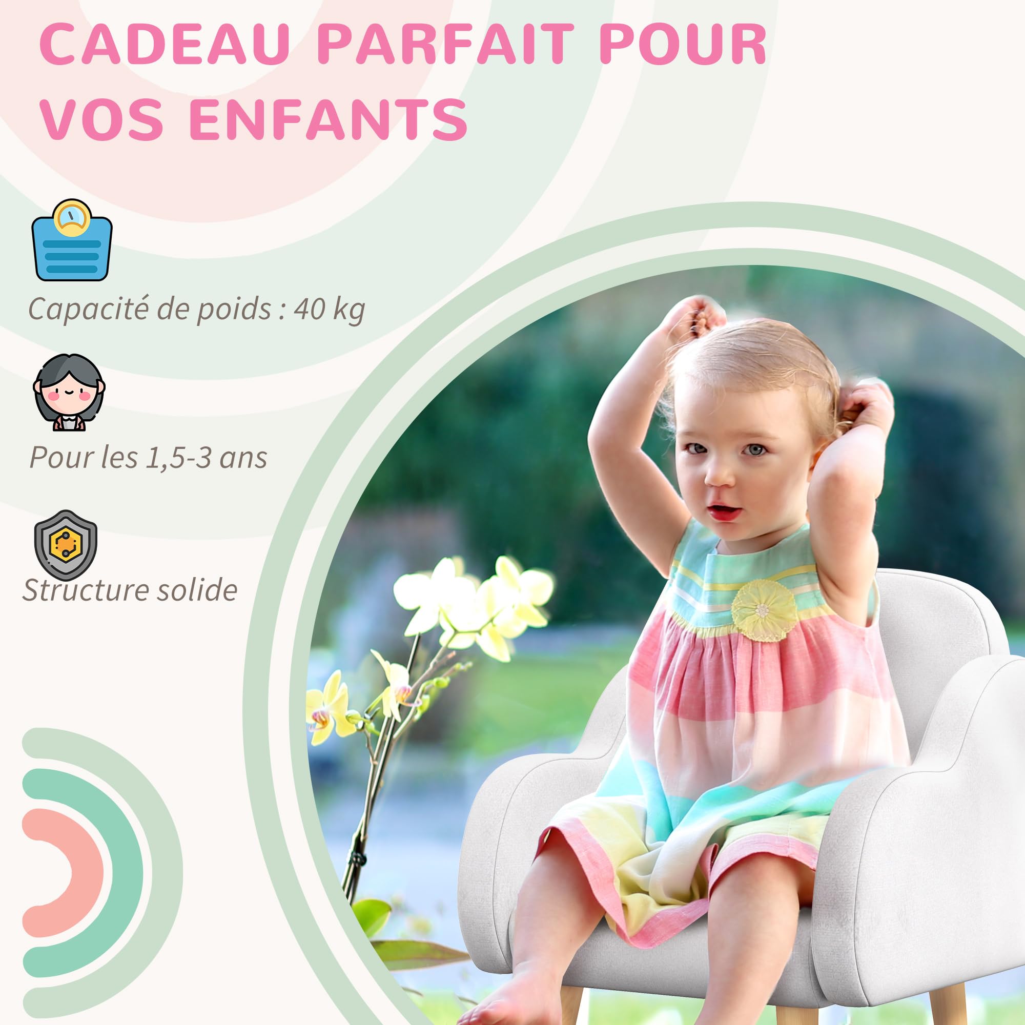 ZONEKIZ Fauteuil pour Enfant Design scandinave Nuage Grand Confort avec piètement inclinés et Tissu 46 x 51 x 55 cm Blanc