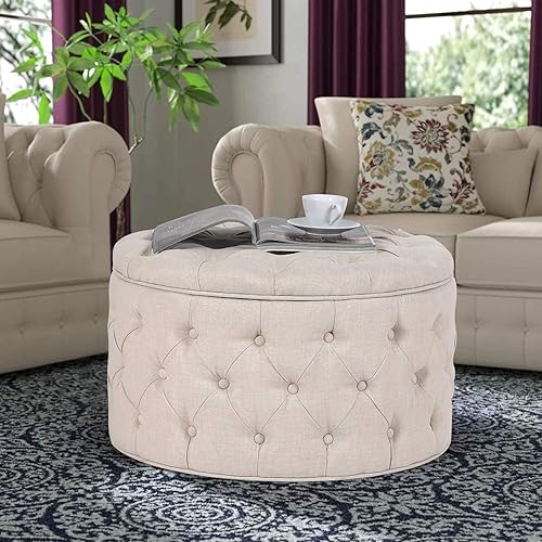 Miniatura 23 de Homebeez Otomana redonda de terciopelo para almacenamiento, reposapiés con botones copetudos, mesa de café (rosa) Rosa,Azul,Verde,Gris,Gris