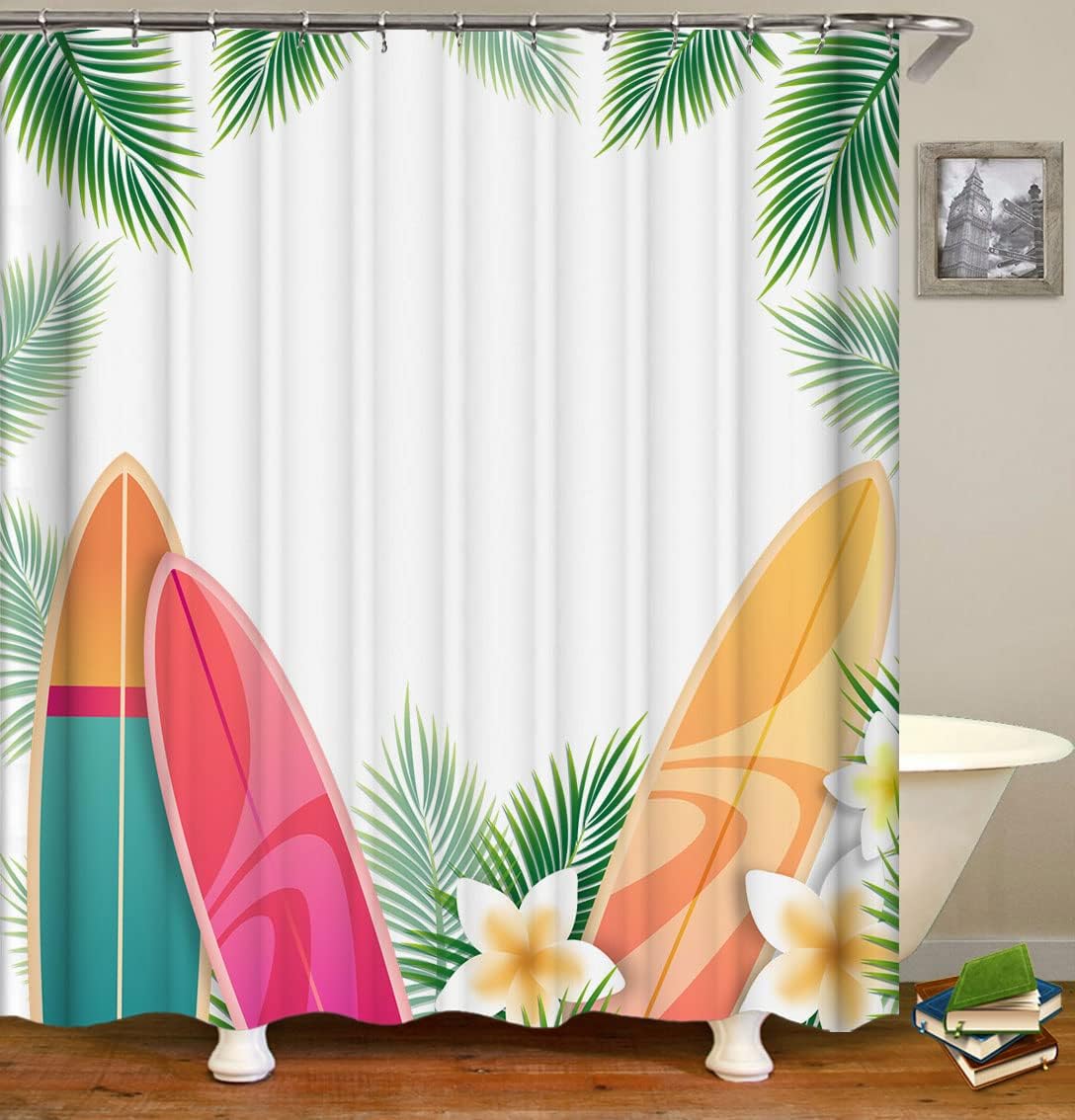 Beach Palm Leaf Shower Curtains for Bathroom, Summer Surf