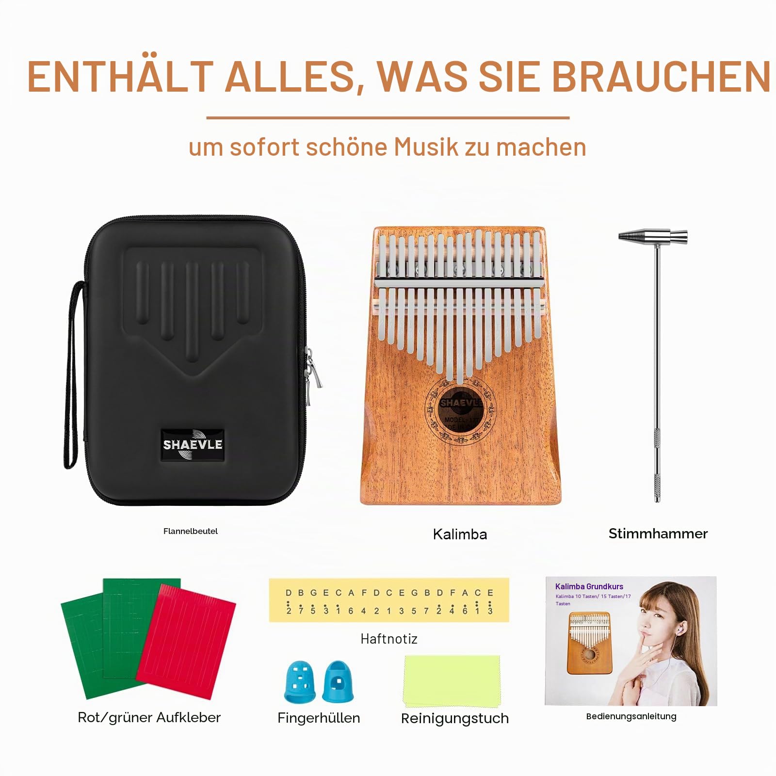 Kalimba Daumenklavier, 17 Tasten Musikinstrument Inkl. Fingerklavier Tragetasche Stimmhammer Songbook, Thumb Piano Instrument Geschenk für Kinder, Erwachsene, Anfänger