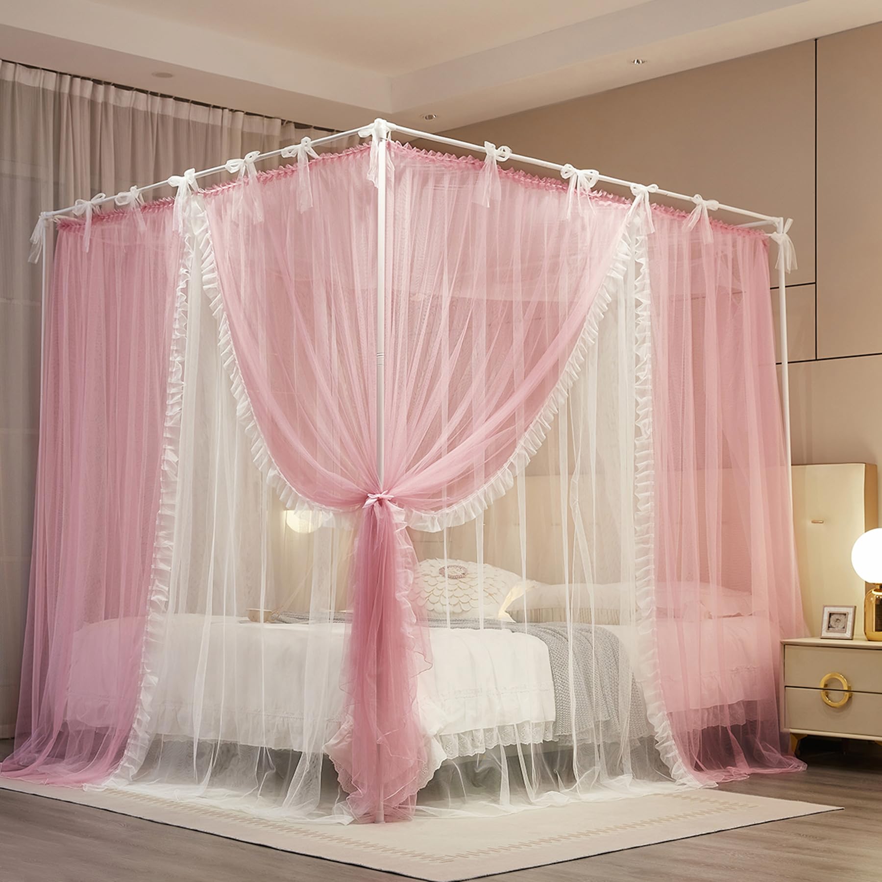 Vorhang mit 4 Ecken, Betthimmel, Schnürung, Moskitonetz, Netzgewebe und doppellagig, für Schlafzimmer-Dekoration (Rosa/Weiß, 134,6 x 198,1 x 208,3 cm (B x L x H)