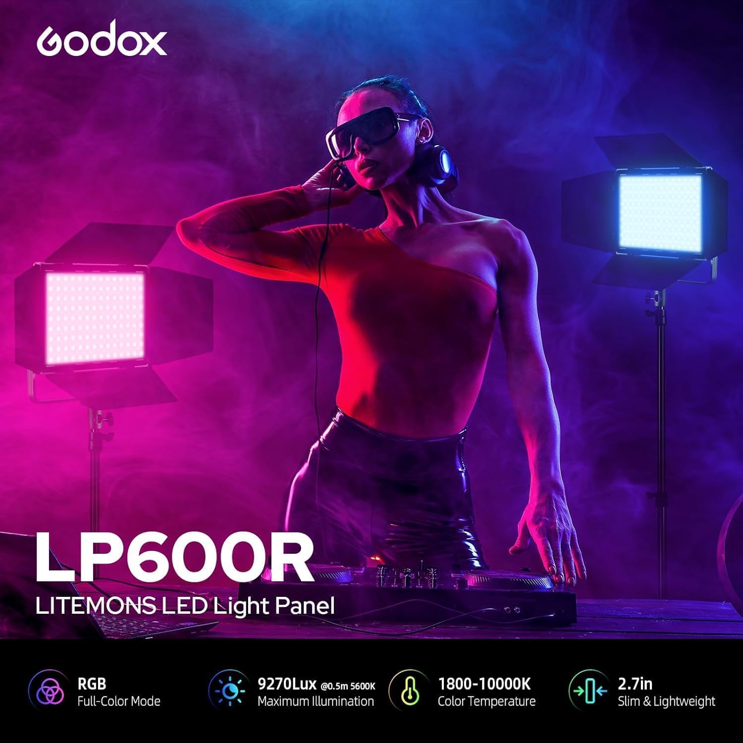 Godox LP600R RGB LED Lampe Vidéo avec Brandoor, 60W 1800K-10000K 9270Lux LED Panneau Lumiere avec 14FX Effets, APP Contrôle, CRI96+ Dimmable 0-100% Panneau Lampe pour Studio