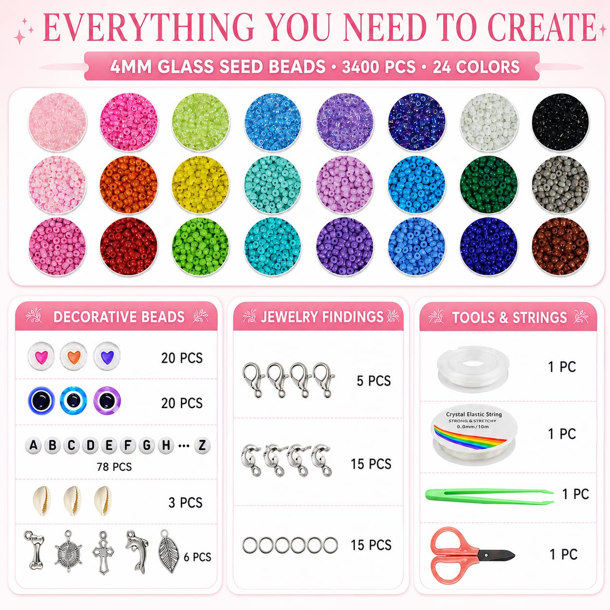 Redtwo 3400 cuentas de cristal de 4 mm para hacer pulseras de joyería, kit de pulseras de la amistad, kit de cuentas pequeñas de cintura con cuentas de letras y cuerda elástica, regalos para niñas