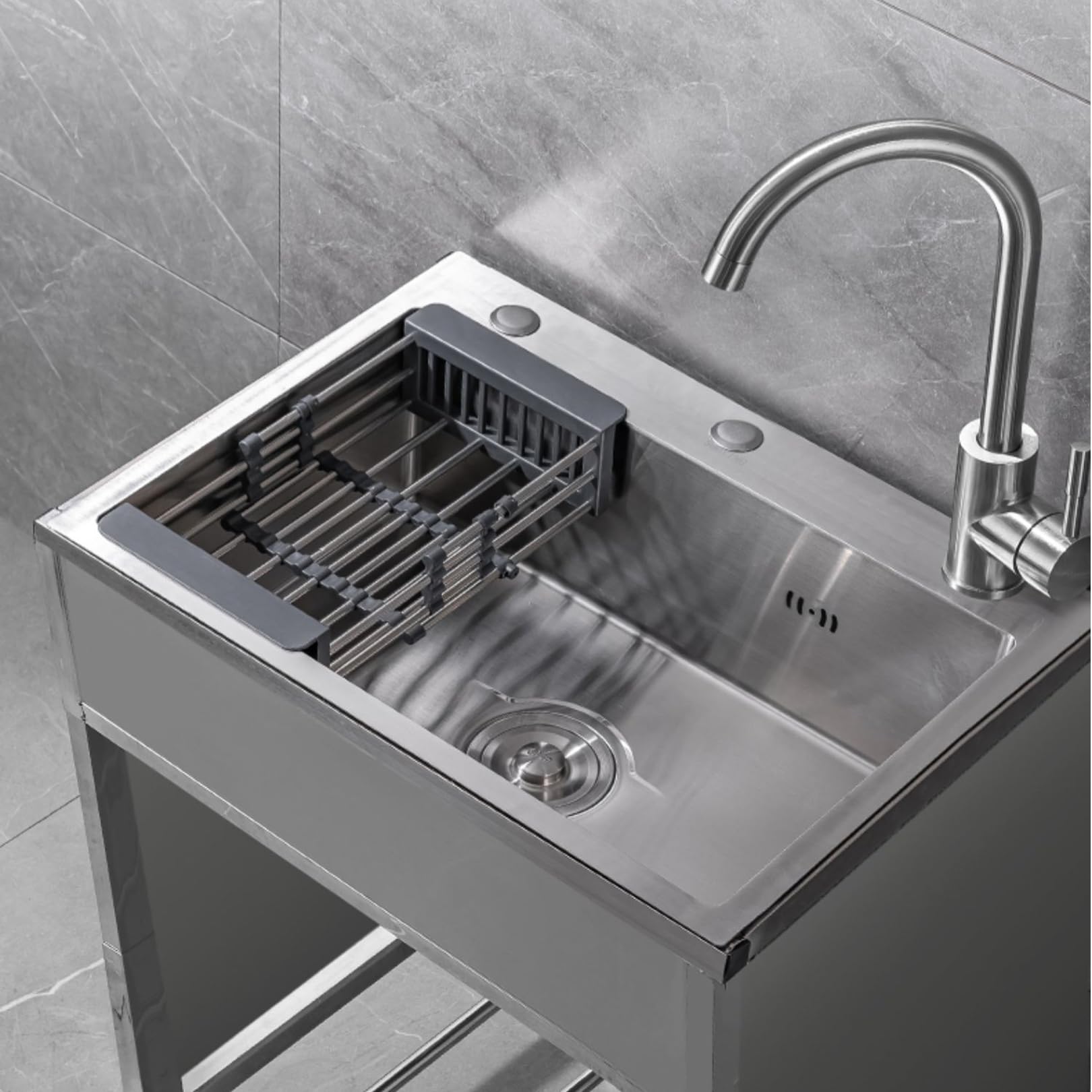 ZQFHSX Kitchen Sink Mobile Stainless Steel Freestanding Outdoor Set Commercial with Drain Basket and hot Cold Water Faucet, Easy to Clean (68 * 45cm)