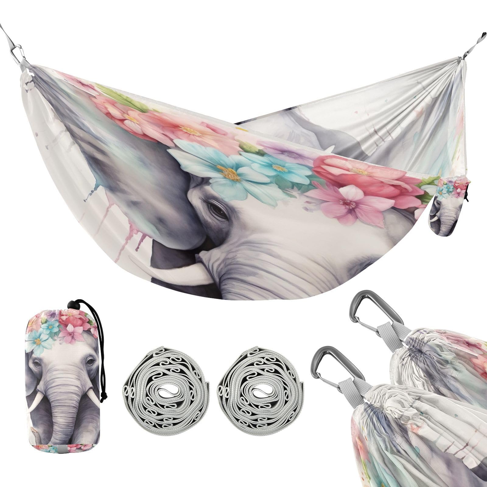 Haskirky Elephant Camping Hammock, Single Portable Hammocks with Tree Straps & Attached Carry Bag, 330Lbs Capacity Perfect for Outside Indoor Hiking Beach Backpack Travel