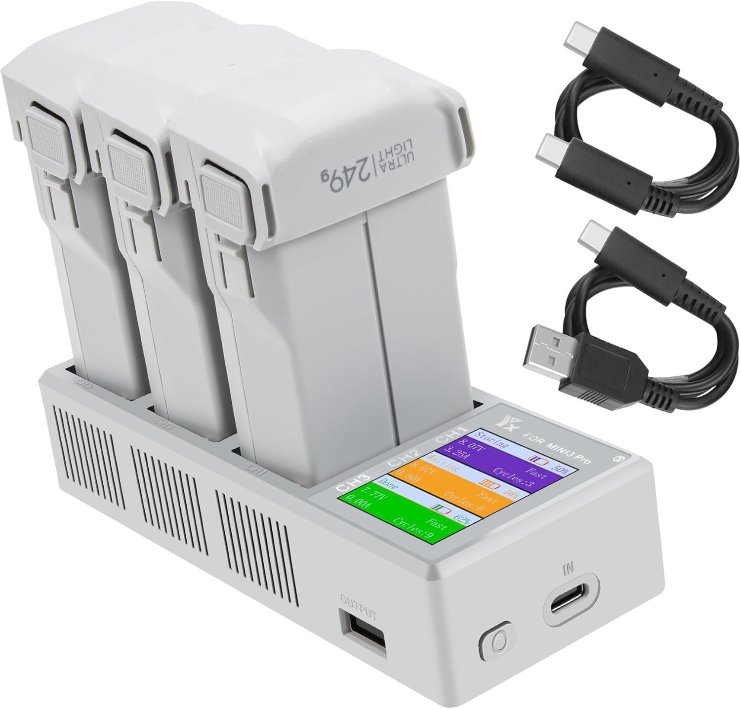 Hanatora LCD Parallel Charger with Storage Charge,Discharge for DJI Mini 4 3 Pro Battery,Two-Way Charging Hub,Fast Charge Three Batteries Drone Accessories