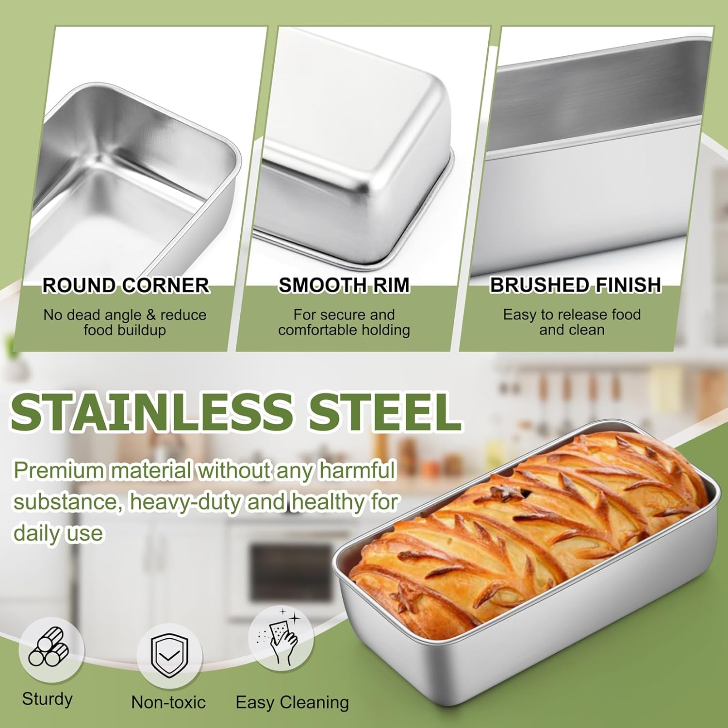 P&P CHEF Loaf Pan Set, 9 x 5 Inch Bread Pans, Stainless Steel Loaf Toast Baking Pans For Bread Meatloaf Lasagna Cake, Healthy & Non Toxic, Oven Safe& Easy Clean, (Silver, 12Pcs) - Image 2