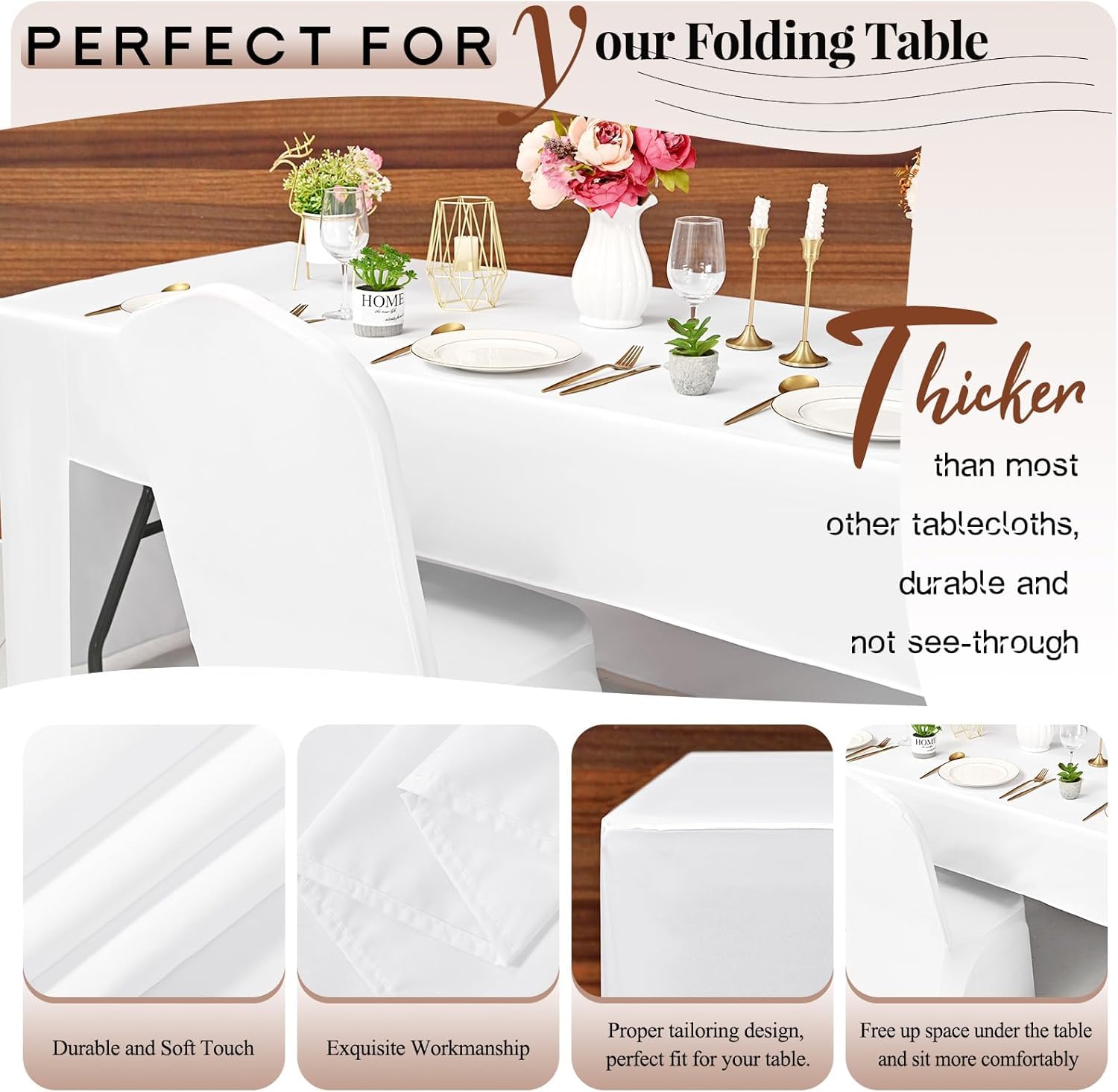 Teruntrue Paquete de 4 manteles ajustables para mesas rectangulares de 1,8 m, tela lavable, para ferias, ferias, fiestas, bodas, eventos, color blanco