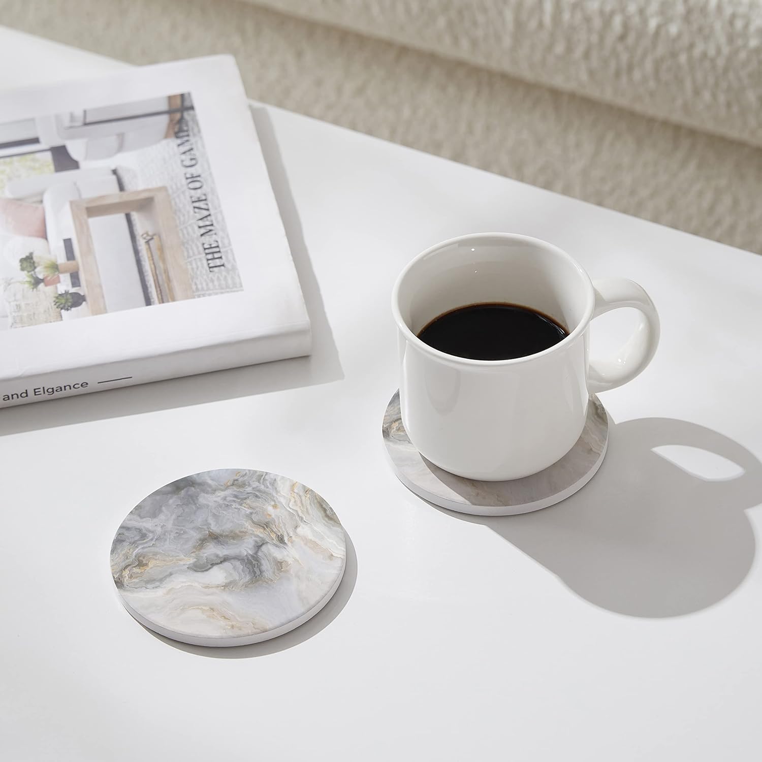 Set of 6 Abstract Gray White Marble Coasters with Holder, Absorbent Ceramic Coasters for Drinks, Coasters with Cork Backing for Table Protection, Housewarming Gifts for New Home - Image 2