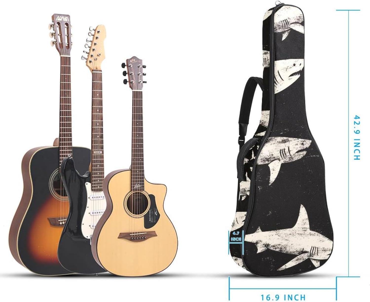 Seamless Sharks Silhouette Acoustic Guitar Gig Bag, 1 cm Thick Padding Waterproof Guitar Bag Backpack for 40 41 42 Inch Electric Bass Classical Guitars