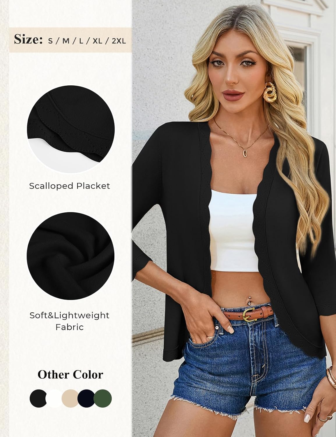 GRACE KARIN Women Lightweight Summer Cardigans 3/4 Sleeve Cropped Cardigan Sweaters Open Front Bolero Shrug - Image 4