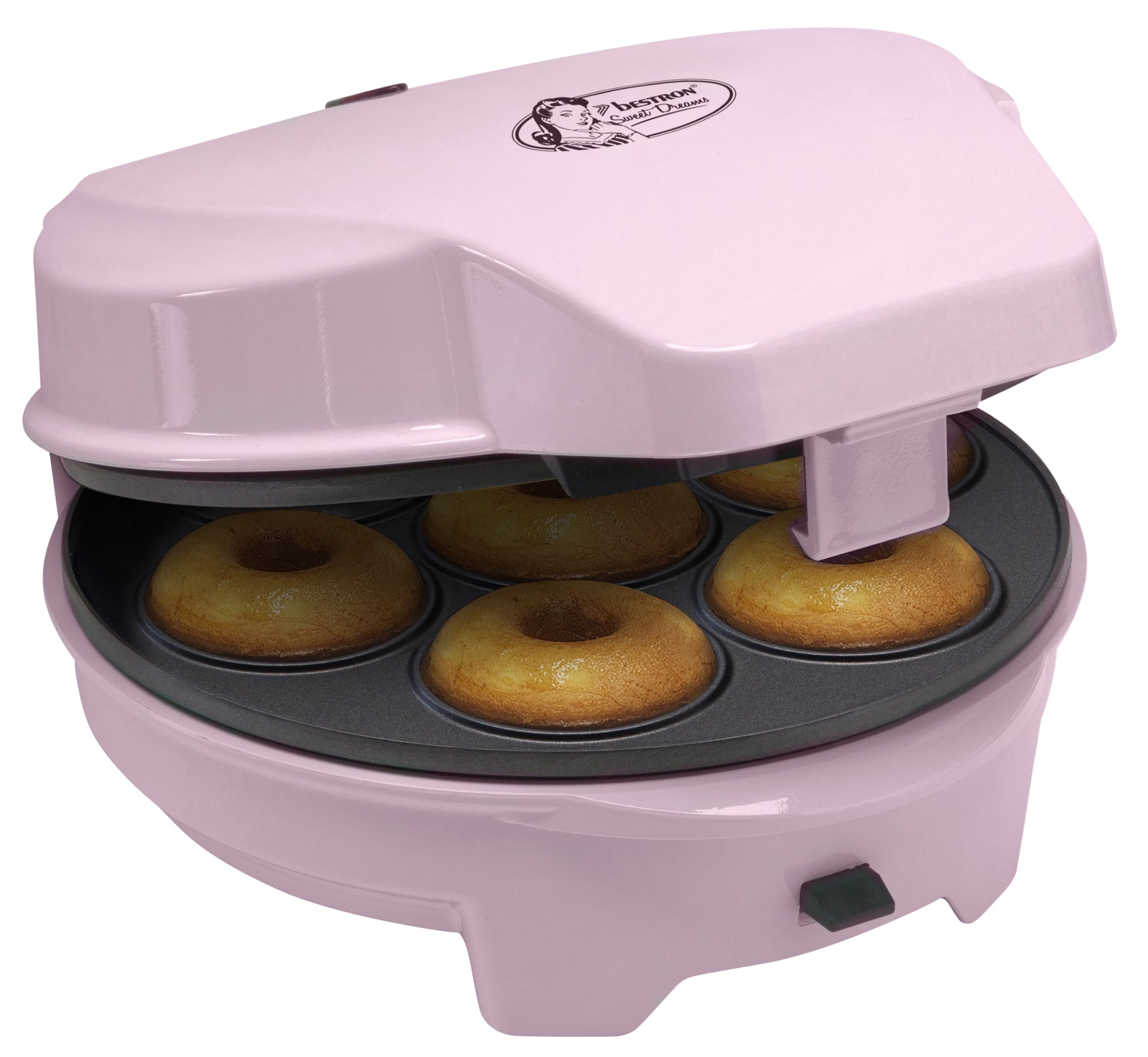 Bestron 3-in-1 Cakemaker im Retro Design mit 3 Wechselplatten für Donuts, Muffins & Cakepops, Antihaftbeschichtung, 700 W, Platzsparend verstaubar, Rosa, ASW238P