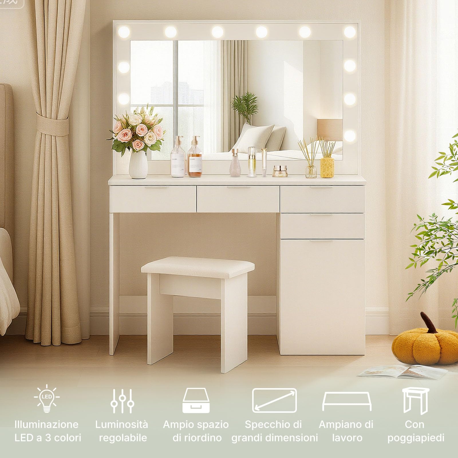 LEMROE Toeletta con Specchio LED e Sgabello, 3 Luci Regolabili, Tavolo da Trucco Bianco Moderno con 4 Cassetti e 1 Armadio, 40 x 105 x 140 cm
