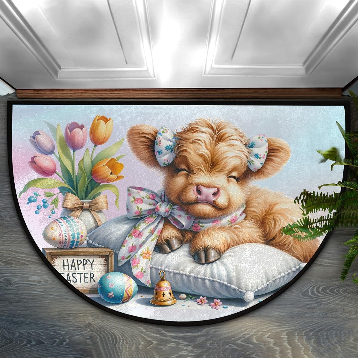 Half Round Doormat Cow Easter Festival Washable Semi Circle Area Rug Non Slip Absorbent Half Moon Rug for Indoor Outdoor Bathroom Kitchen Patio Front Welcome Fireplace Hearth Floor Mat