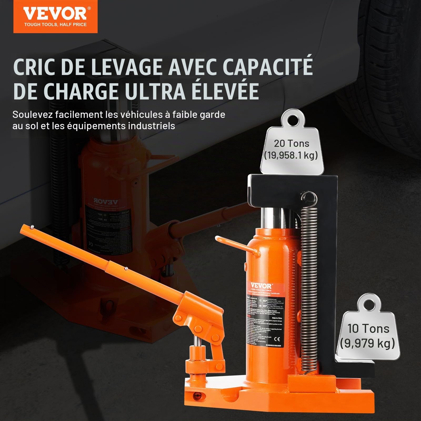VEVOR Cric à Patte 10 T à la Patte, Cric Hydraulique pour Machines Capacité de Levage 20 T en Haut, Hauteur de la Patte 30-190 mm, Hauteur du Dessus 320-480 mm, pour Levage des Machines, Industrie