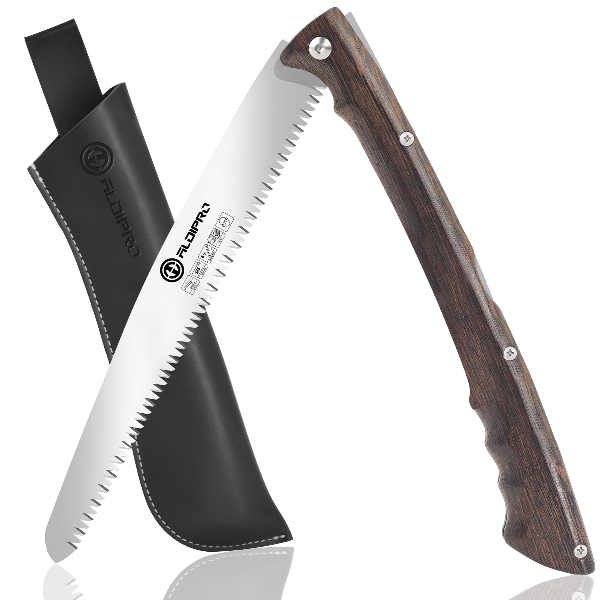 Folding Saw 10 Inch Foldable Saw with Leather Sheath, Wenge Wooden Handle, Folding Hand Saw SK5 Blade, Folding Pruning Saw, Camping Saw for Wood Cutting, Survival Saw Tree Trimming, Bushcraft Saw