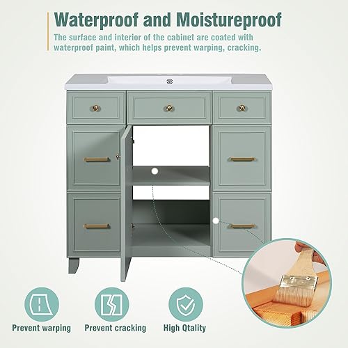 Miniatura 9 de LUMISOL Tocador de baño de 36 pulgadas con parte superior del fregadero, gabinete de lavabo de baño de madera maciza con 3 cajones y 1 puerta,