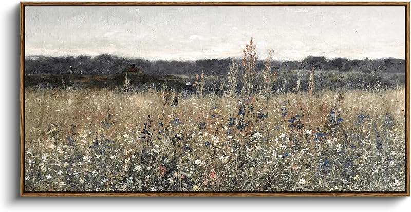 InSimSea Extra Large Framed Vintage Wall Art, Flower Meadow Prints,20x40In | Living Room Country Farmhouse Decor, Canvas Landscape Paintings, Retro Long Pictures for Bedroom Above of Bed