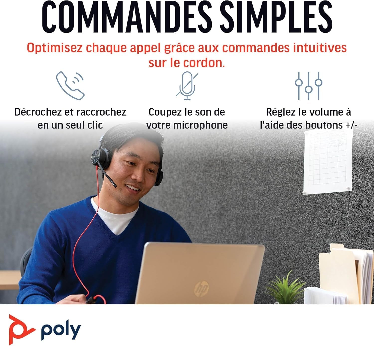 Micro-casque filaire haut de gamme Poly Blackwire 8225 – Annulation active du bruit – Son binaural hi-fi - Connexion à un PC/Mac - Certifié Microsoft Teams