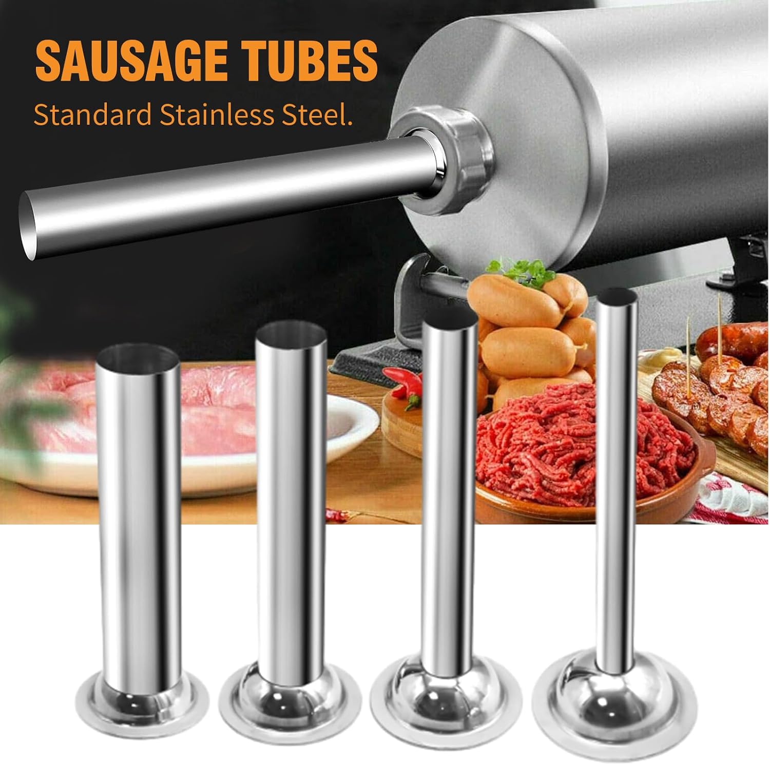 Saihisday 4 Sizes #5 Sausage Stuffer Nozzles Stuffing Tubes Stainless Steel Sausage Maker Tubes Sausage Stuffer Tubes for #5 Meat Grinder 5/4” 1” 3/4” and1/2”